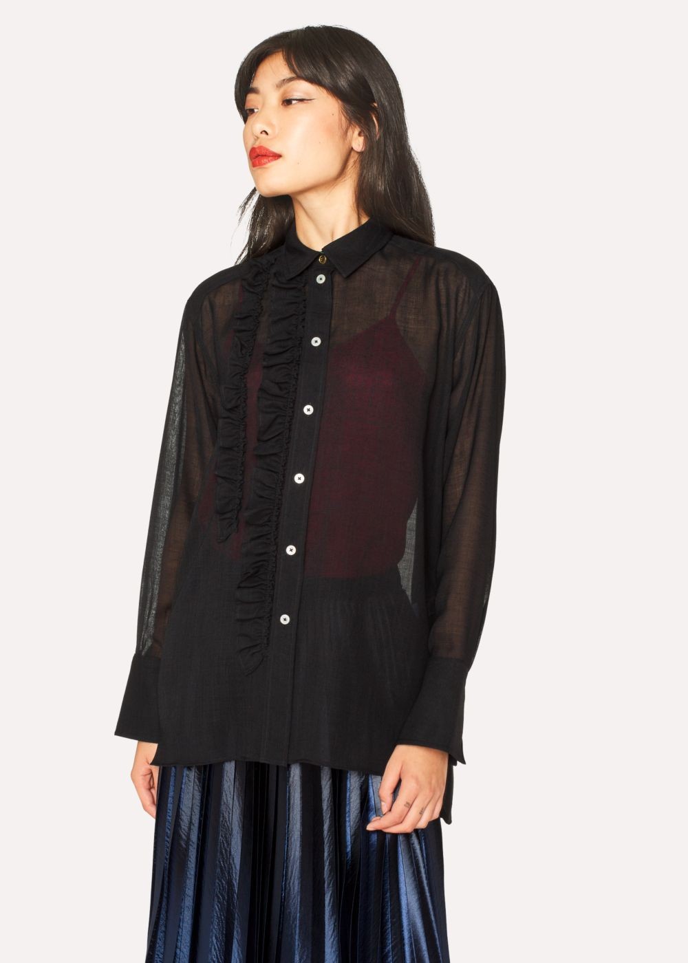 Paul Smith Lady's Black Wool-Blend Shirts With Frill Detail