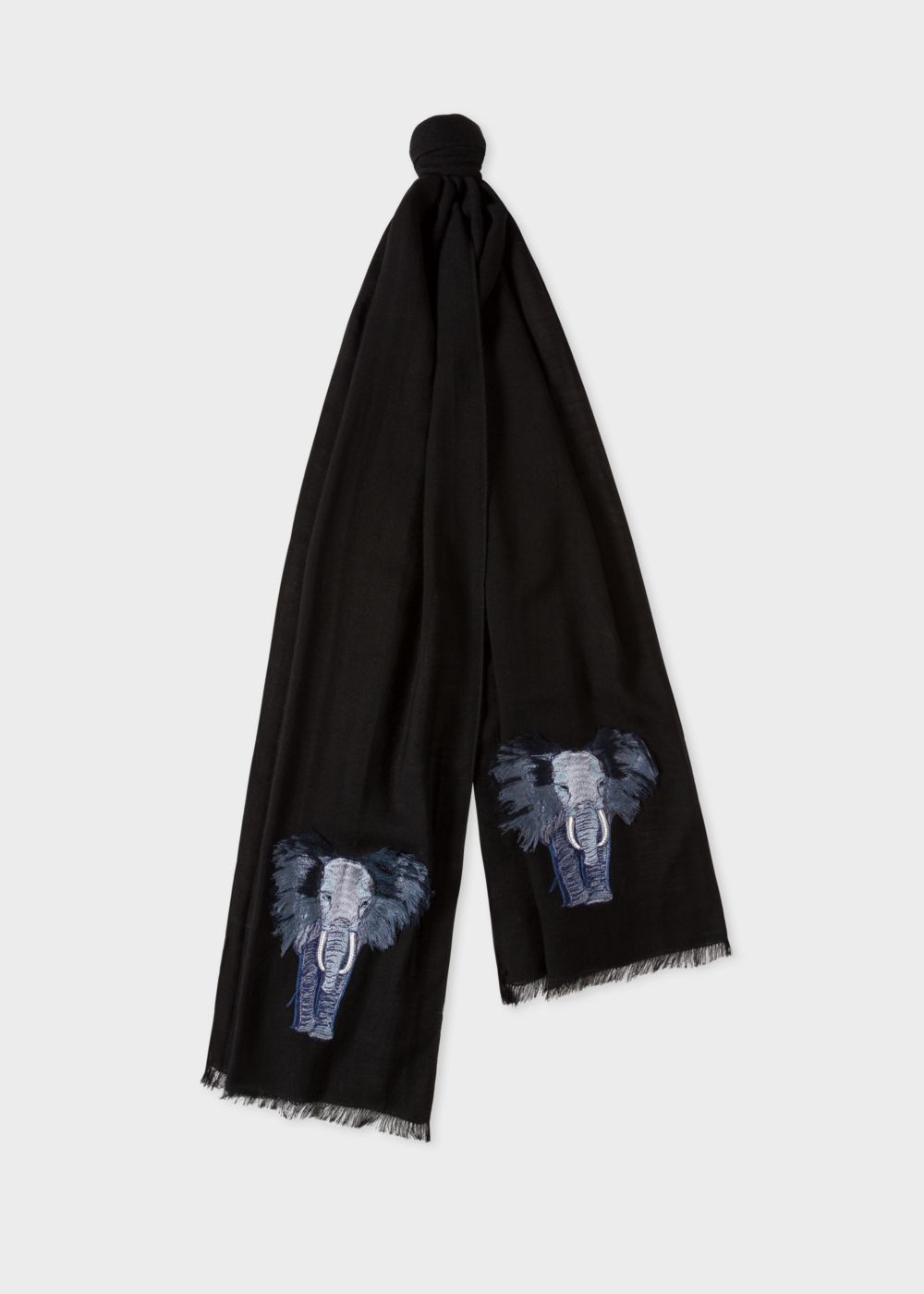 Paul Smith Men's Black 'elephant' Embroidery Wool Scarf