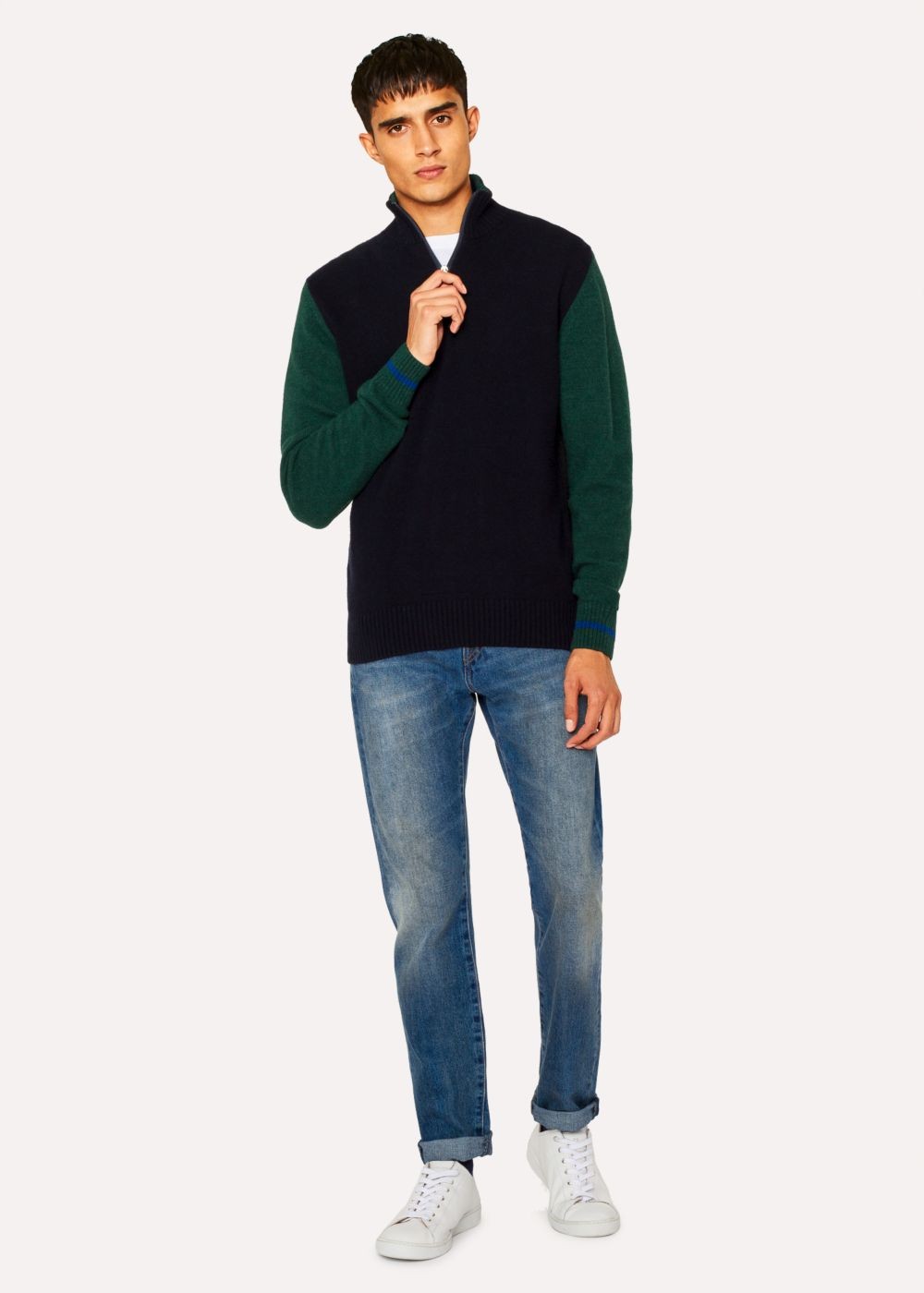 Paul Smith Mens's Navy And Green Funnel Neck Half-Zip Sweater