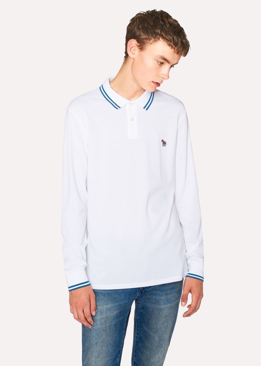 Paul Smith Men's White Zebra Long-Sleeve Polo shirt With Petrol Tipping