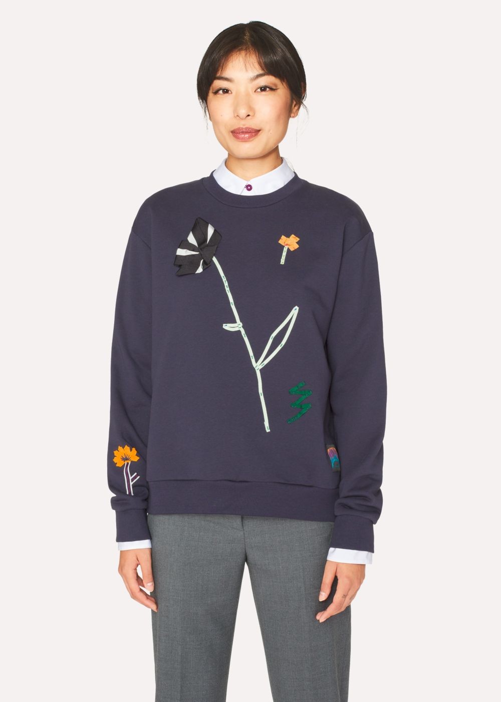 Paul Smith Lady's Dark Navy Embroidered Flowers Sweatshirt