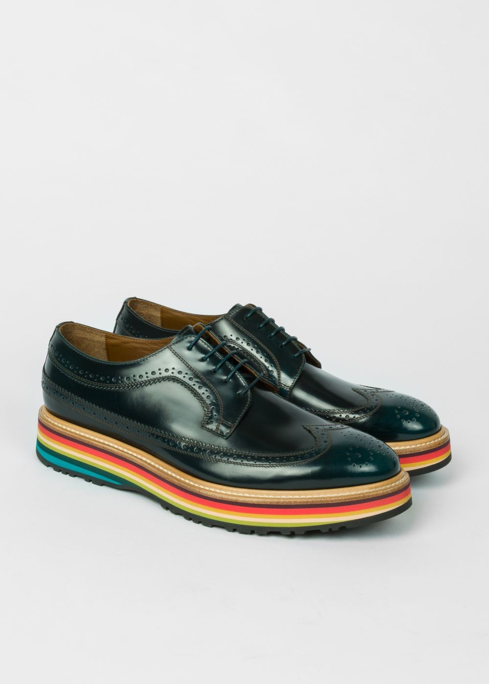 Paul Smith Men's Dark Green Leather 'grand' Brogues With Striped Soles Sneaker