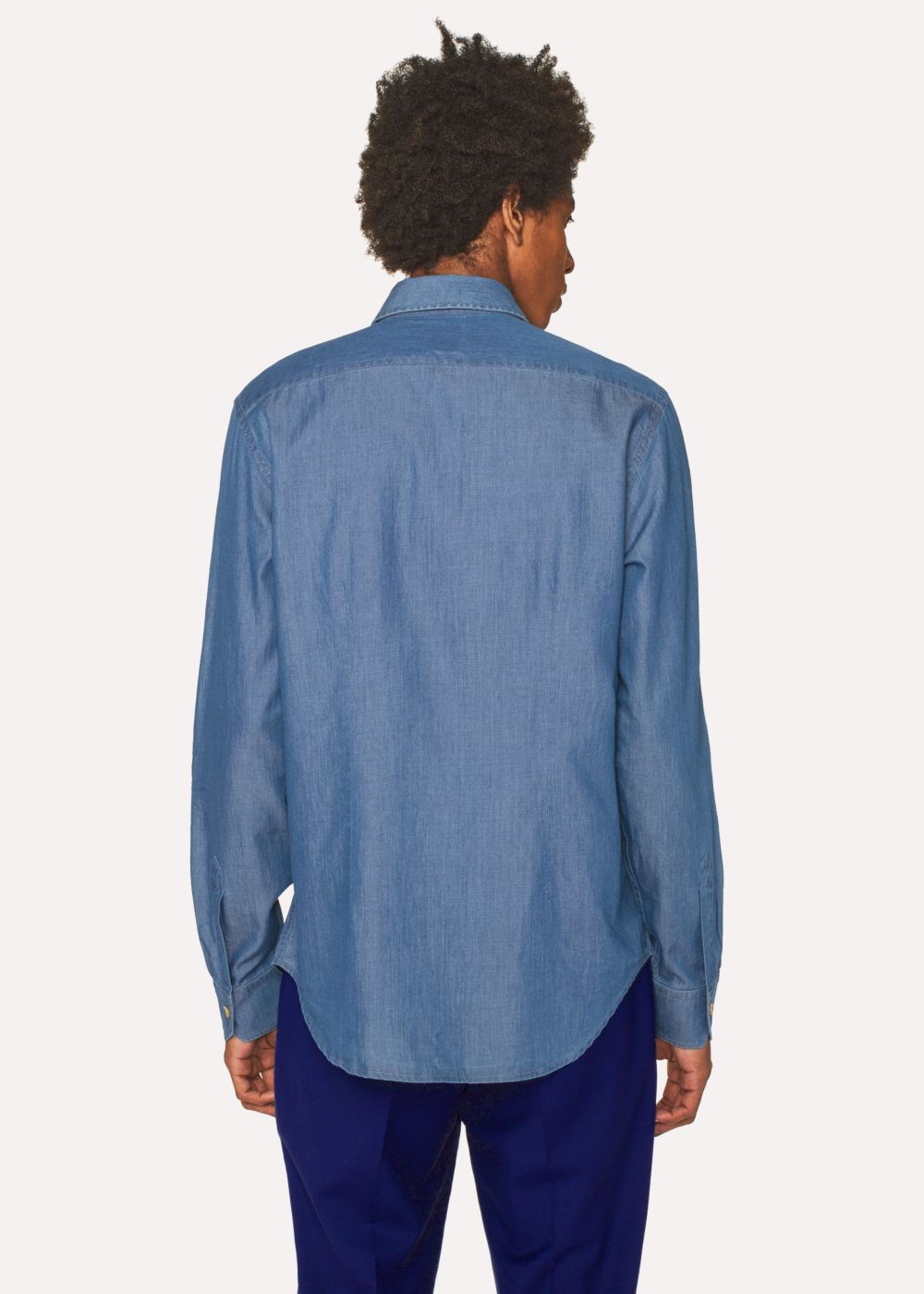 Paul Smith Men's Tailored-Fit Blue Chambray T-Shirt With 'artist Stripe' Placket Embroidery