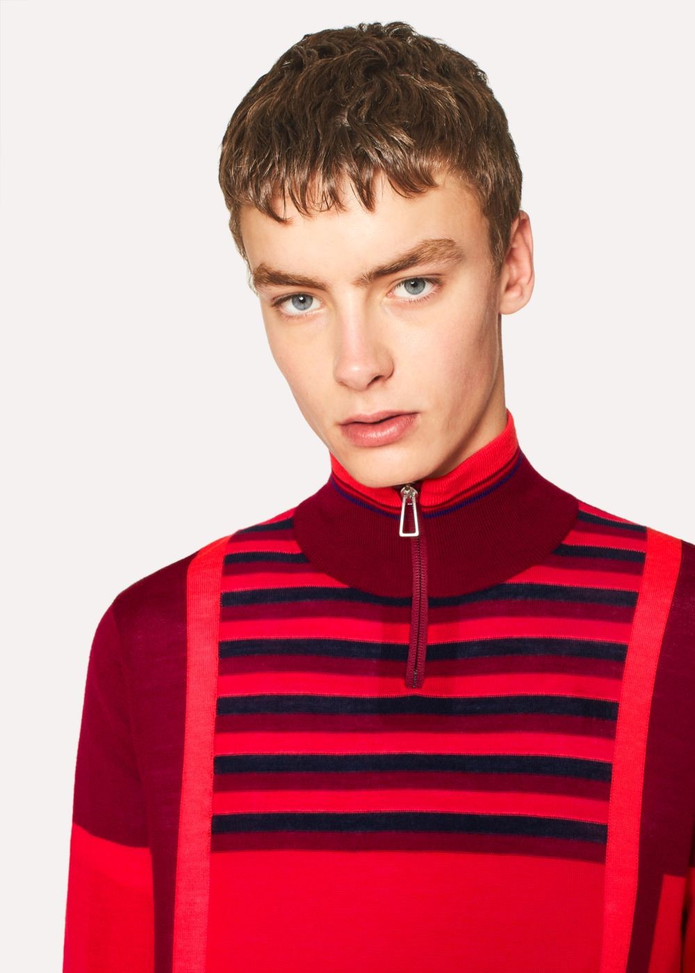 Paul Smith Men's Red Block-Stripe Merino Wool Half-Zip Sweater