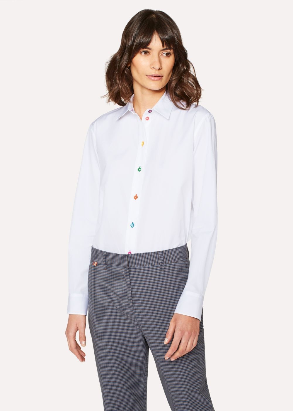 Paul Smith Lady's Mid-Fit White Cotton Shirt With Multi-Coloured Buttons