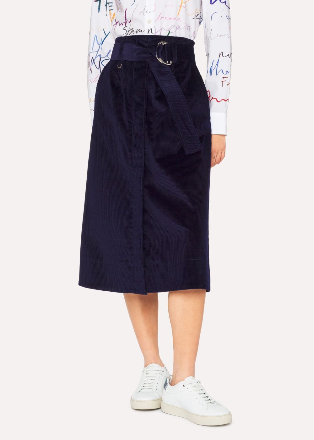 Paul Smith Lady's Indigo Corduroy A-Line Midi Skirt With Belt