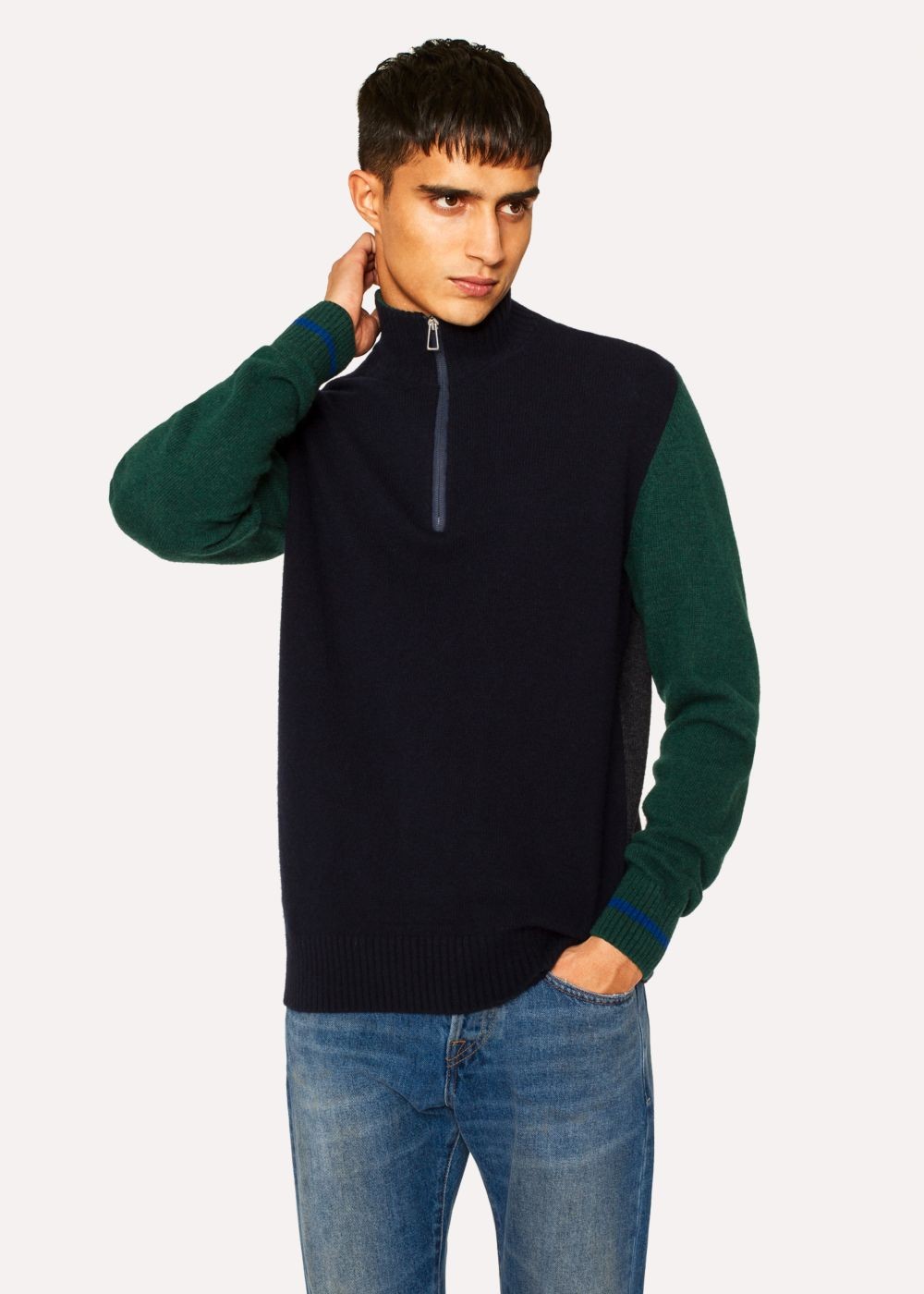 Paul Smith Mens's Navy And Green Funnel Neck Half-Zip Sweater