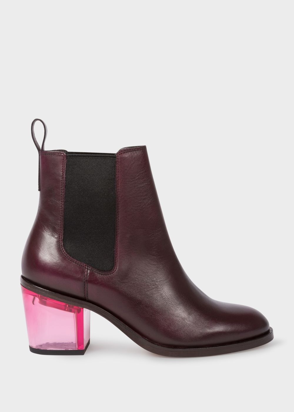 Paul Smith Lady's Bordeaux Leather 'shelby' Boots With Pink Transparent Heels