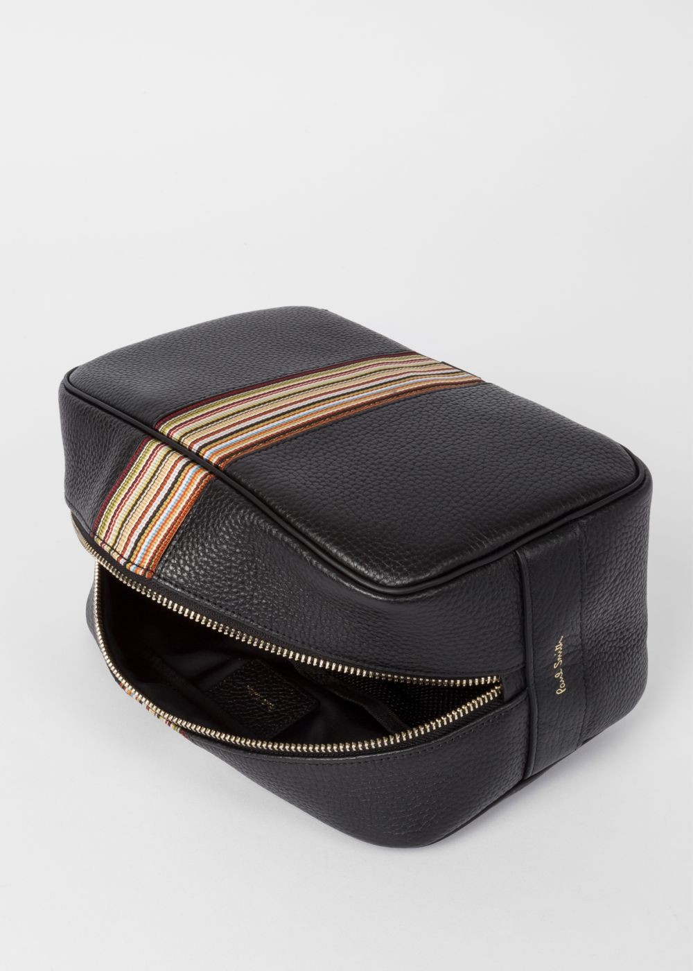 Paul Smith Men's Black Leather Signature Stripe Wash Bags