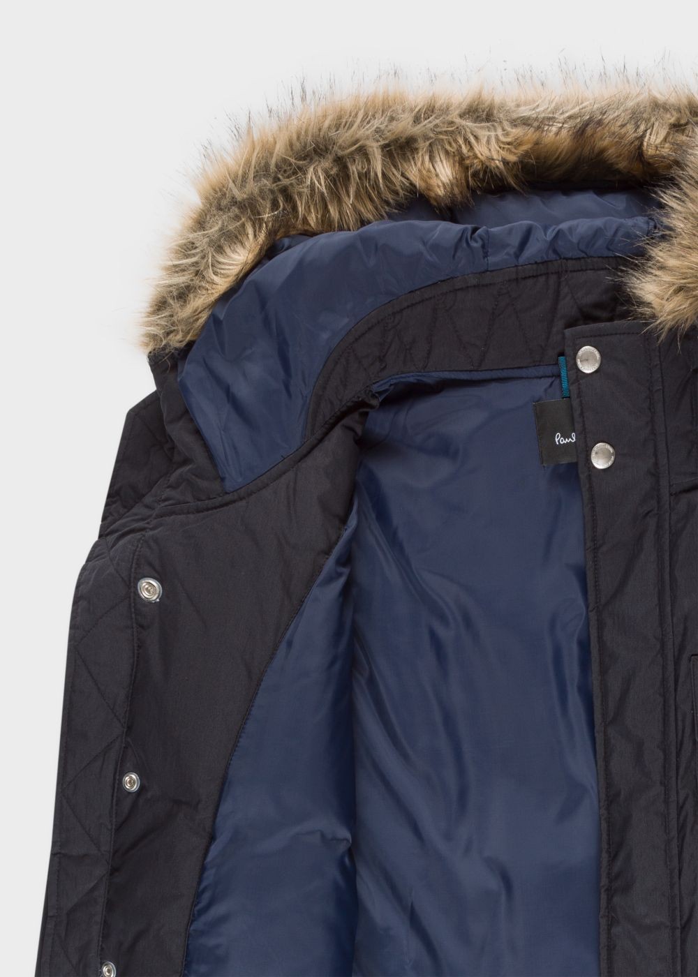 Paul Smith Men's Navy Quilted Parka With Faux Fur Hood Detail Clothing
