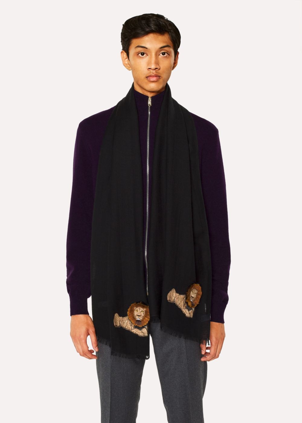 Paul Smith Men's Black 'lion' Embroidery Wool Scarf