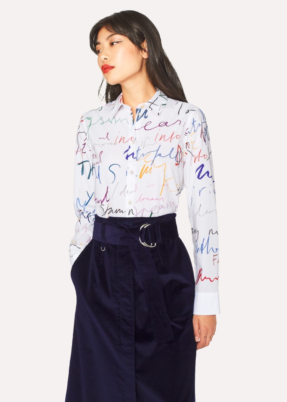 Paul Smith Lady's Slim-Fit White 'ideas Script' Print Cotton Shirt