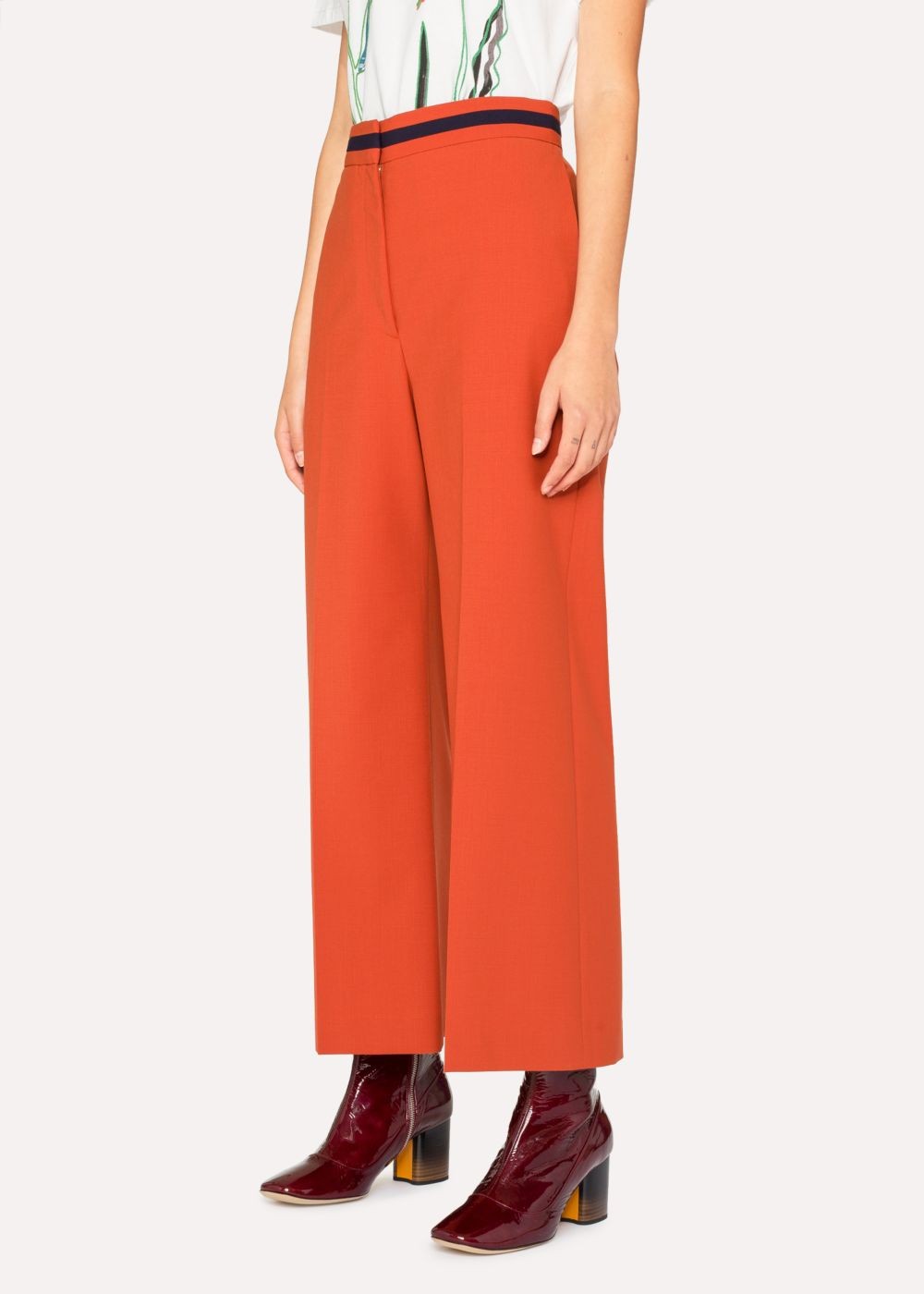 Paul Smith Womens's Rust Wool-Blend Wide Leg Pants With Contrast Waistband