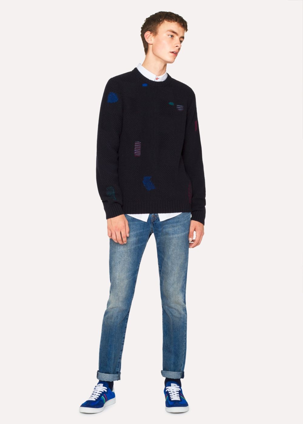 Paul Smith Men's Navy Wool-Blend Ribbed Sweater With Darning Detail