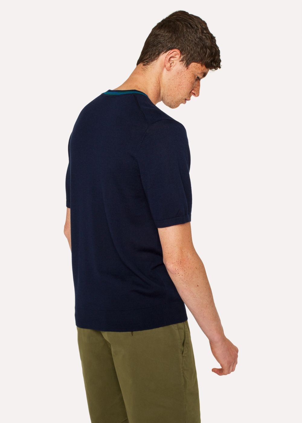 Paul Smith Men's Navy Merino Wool Short-Sleeve Sweater With Contrast Collar