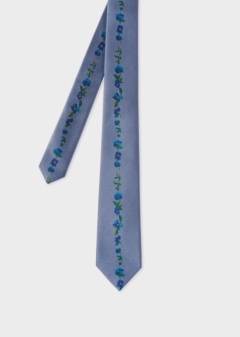 Paul Smith Men's Light Blue 'floral Stripe' Embroidered Narrow Silk Tie