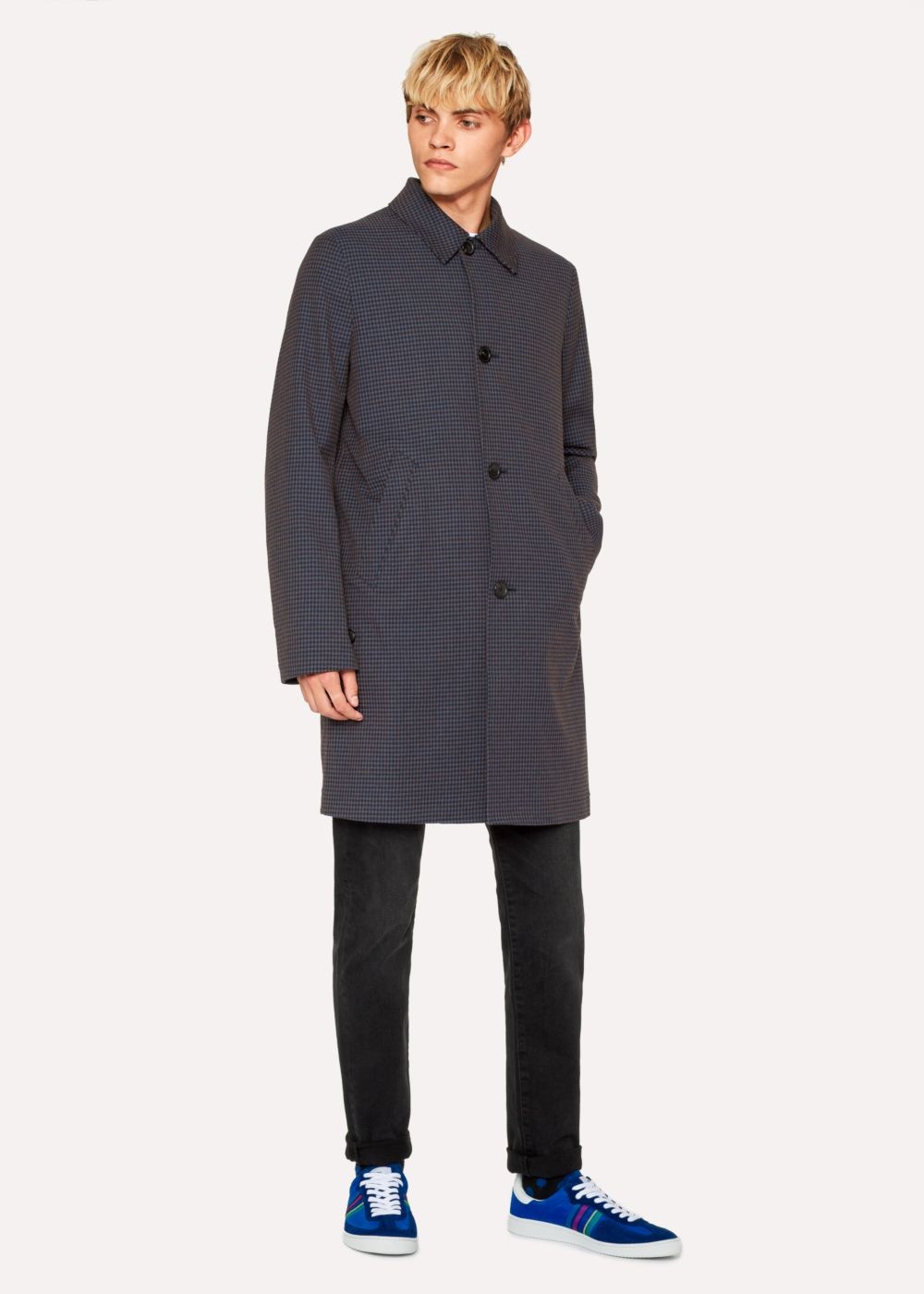 Paul Smith Men's Navy Houndstooth Cotton-Blend Unlined Mac Clothing