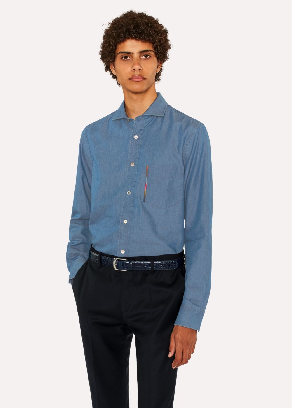 Paul Smith Men's Tailored-Fit Blue Chambray Tees With 'artist Stripe' Pocket Embroidery