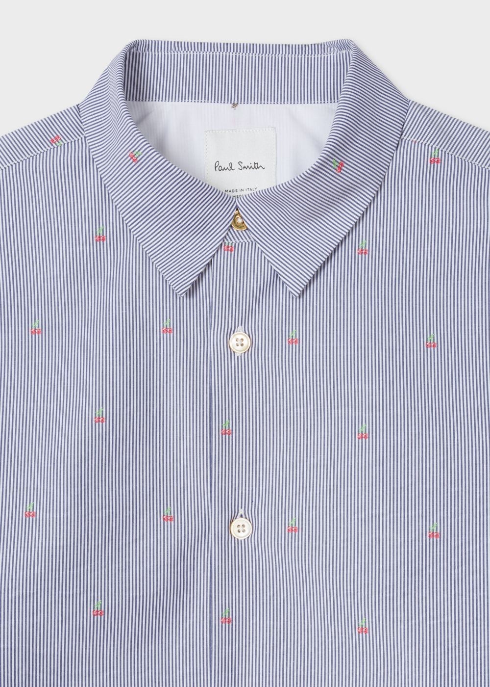 Paul Smith Men's Slim-Fit Slate Blue Stripe 'cherry' Embroidery T-Shirt