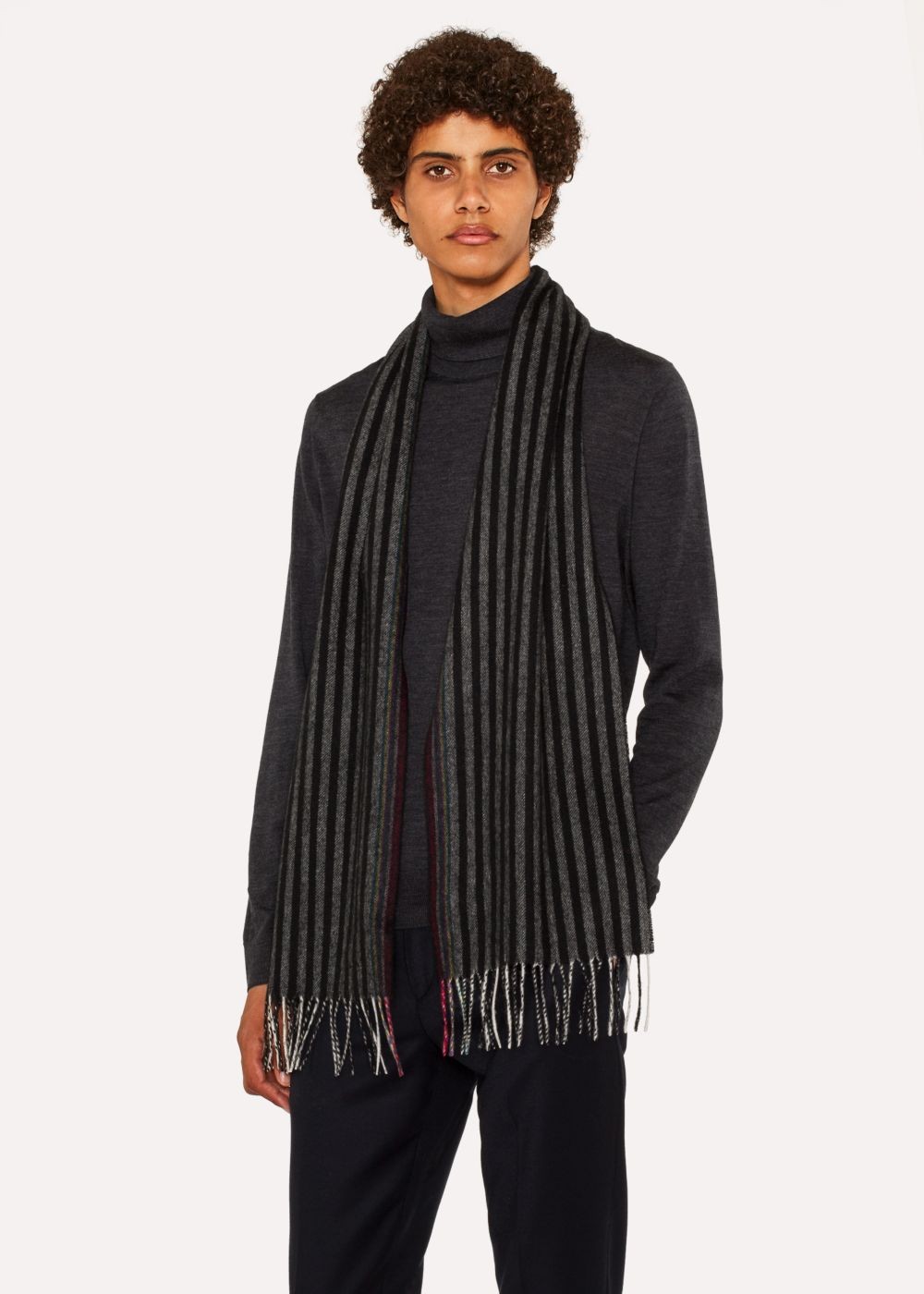 Paul Smith Mens's Grey Two-Tone Stripe Lambswool And Cashmere Scarf