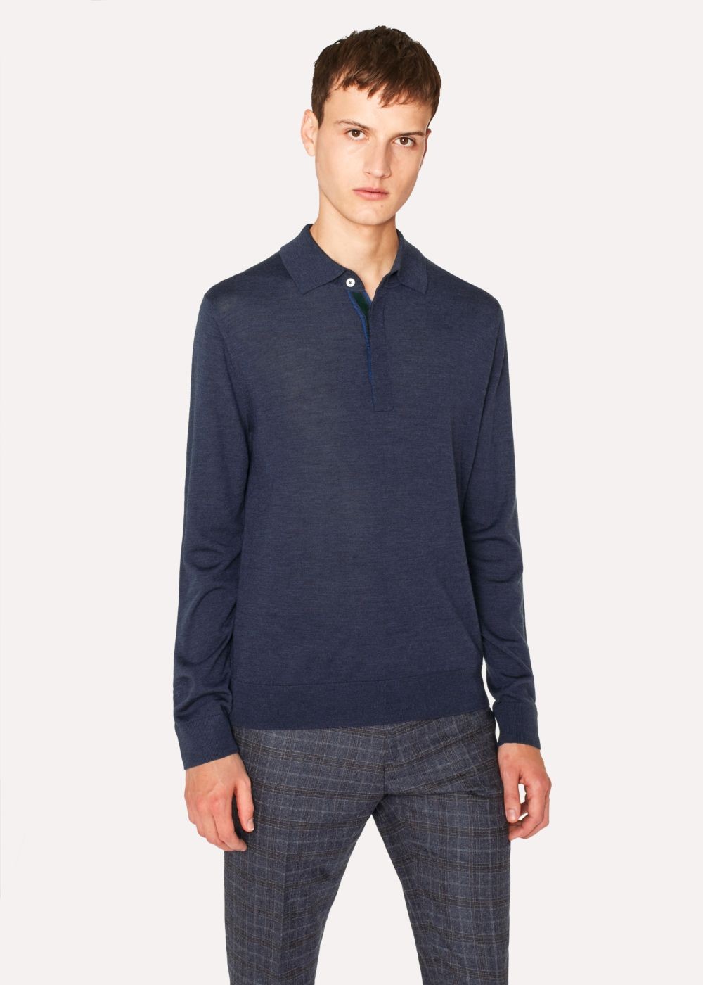 Paul Smith Men's Slate Blue Merino Wool Long-Sleeve Polo T-Shirts