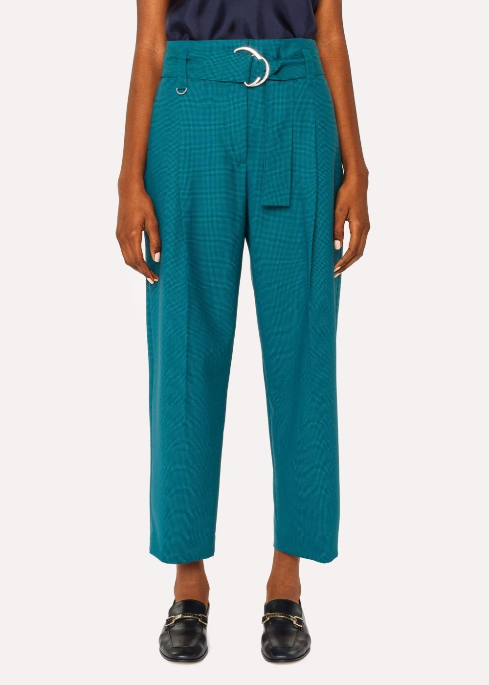 Paul Smith Women's Teal Houndstooth Pleated Wool Pants With Belt
