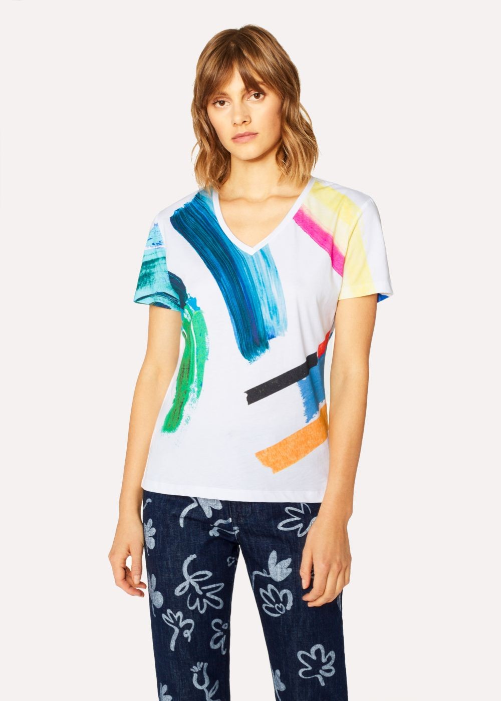 Paul Smith Women's V-Neck Multi-Colour 'paint Strokes' Print TShirt