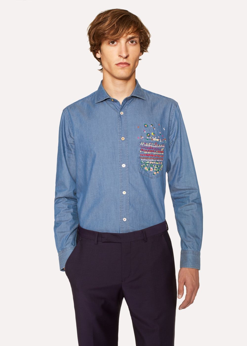 Paul Smith Men's Slim-Fit Blue Chambray TShirts With Embroidered Pocket