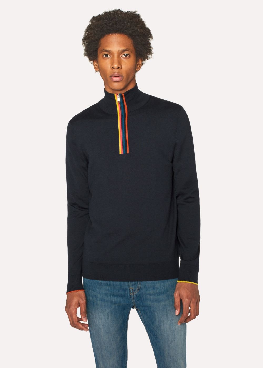 Paul Smith Men's Dark Navy 'artist Stripe' Funnel Neck Wool Half-Zip Sweater