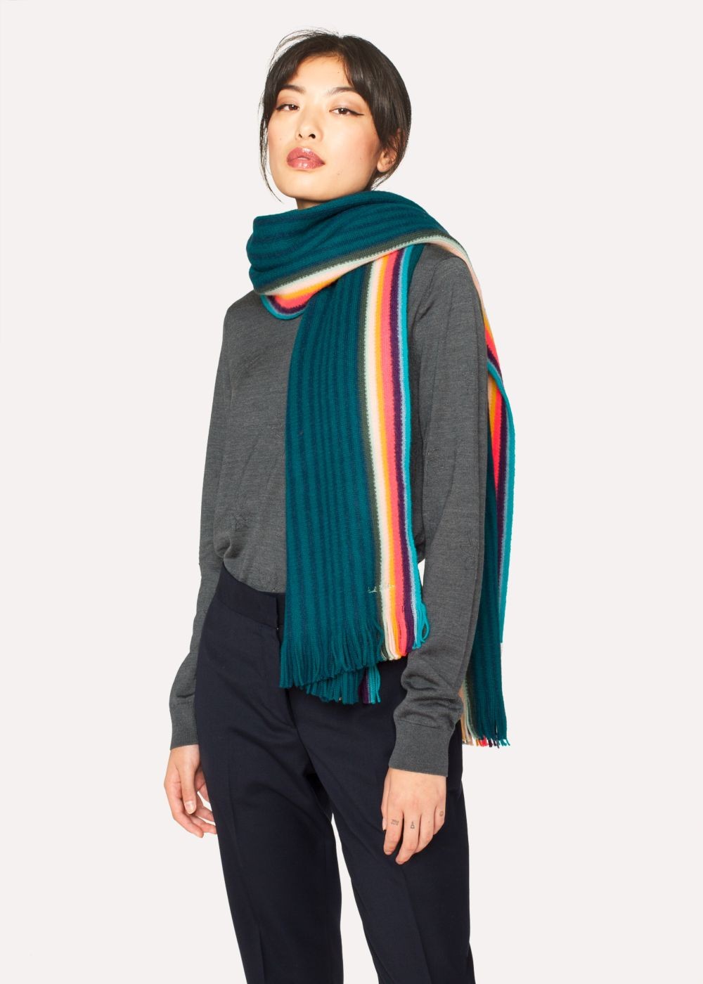 Paul Smith Womens's Dark Green 'artist Stripe' Band Merino Wool Scarf