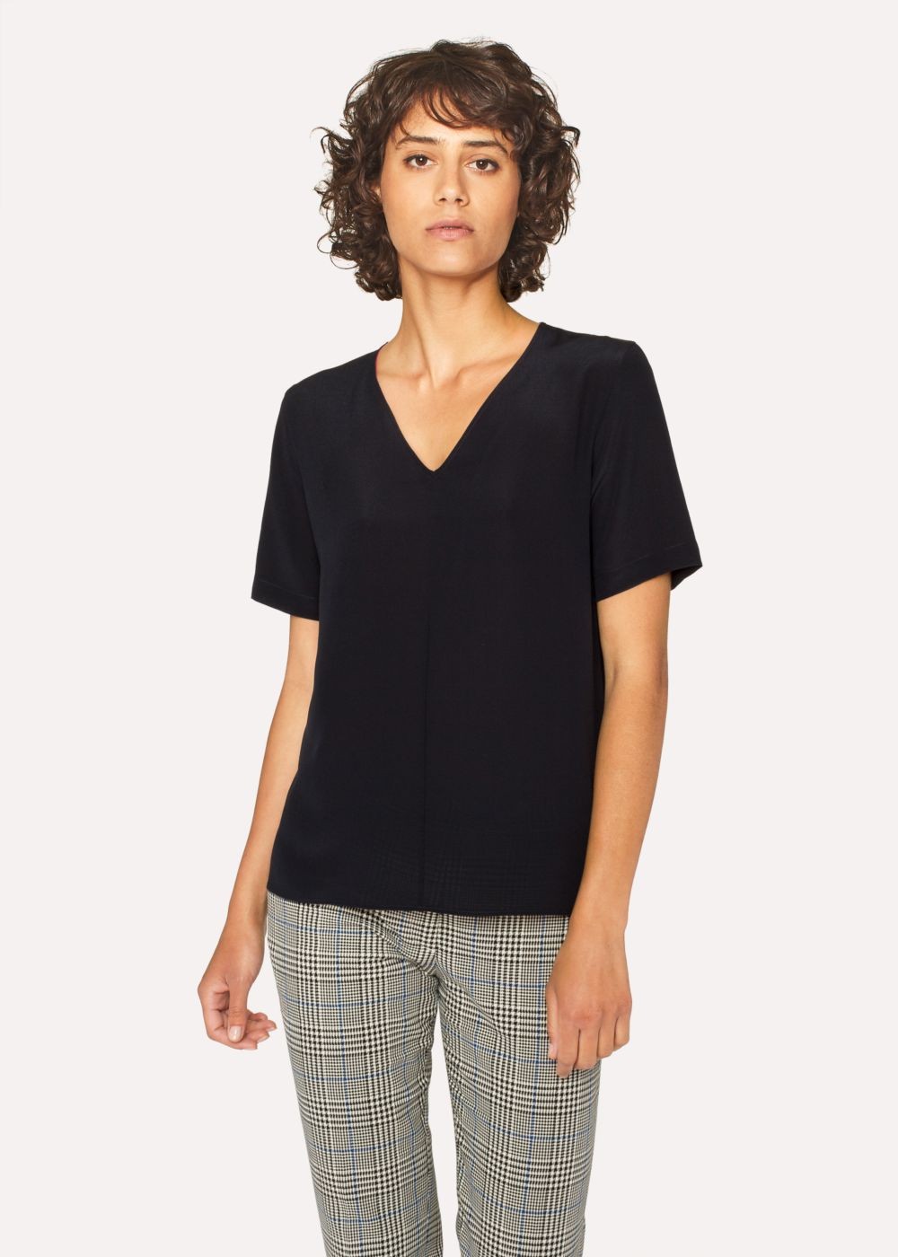 Paul Smith Lady's Black Silk V-Neck Top With Pink Internal Trim