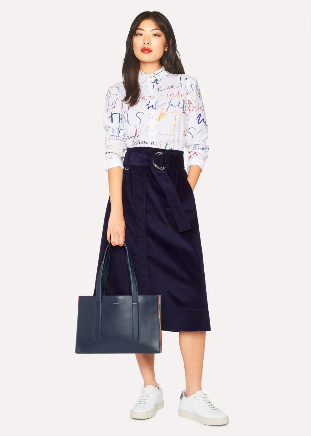 Paul Smith Lady's Indigo Corduroy A-Line Midi Skirt With Belt