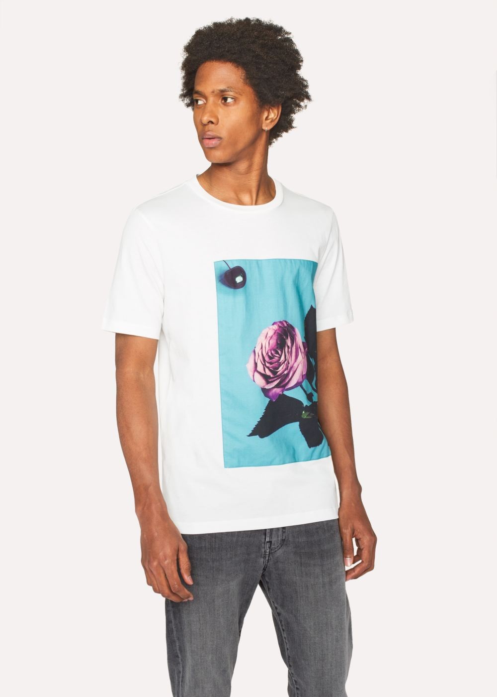 Paul Smith Men's White T-Shirt With Appliqué 'rose' Print