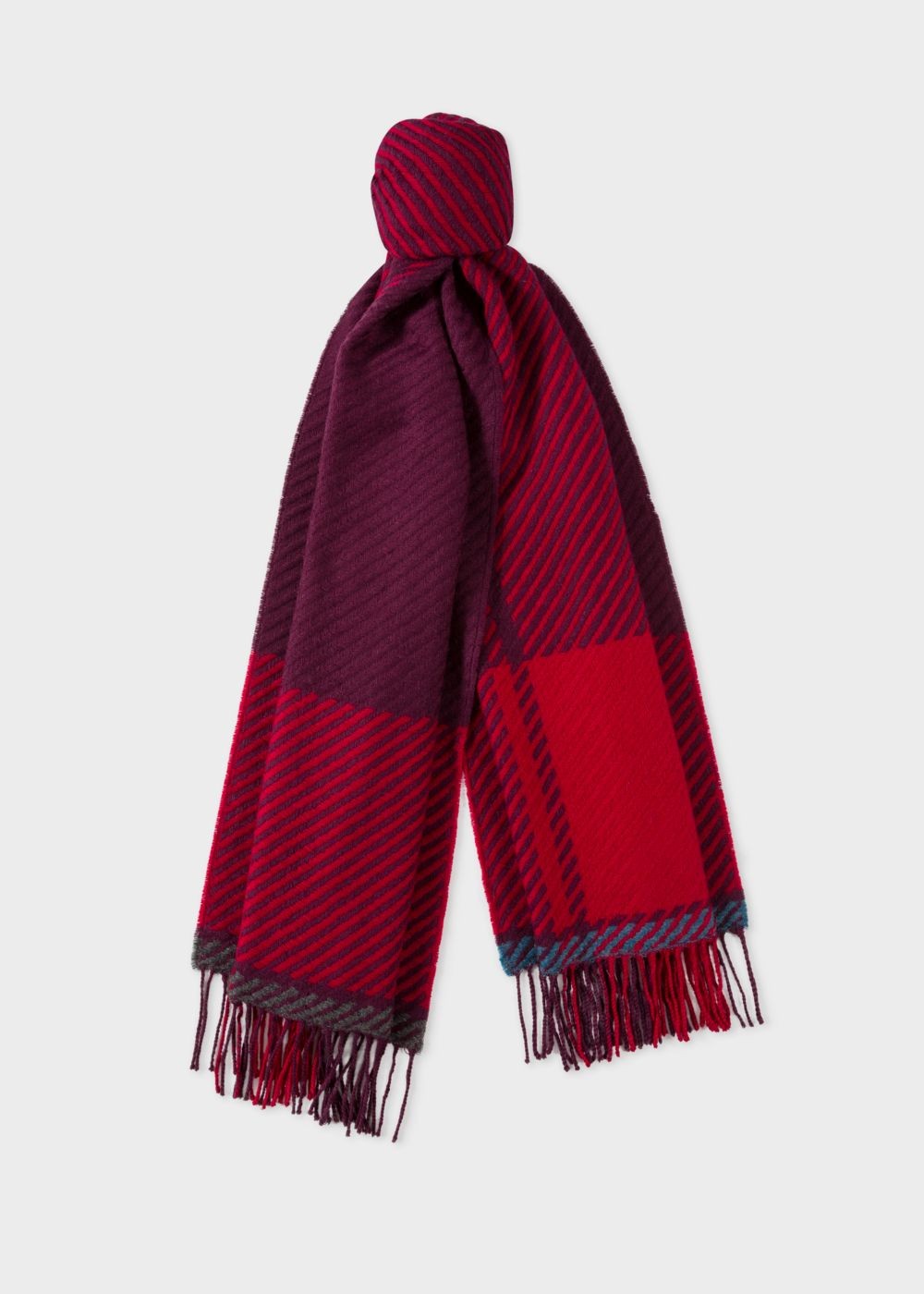 Paul Smith Mens's Damson And Red Asymmetrical Check Wool Scarf