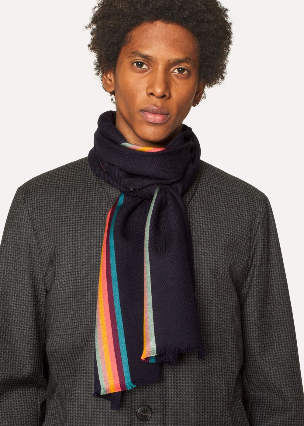 Paul Smith Men's Navy 'artist Stripe' Band Herringbone Wool-Blend Scarf