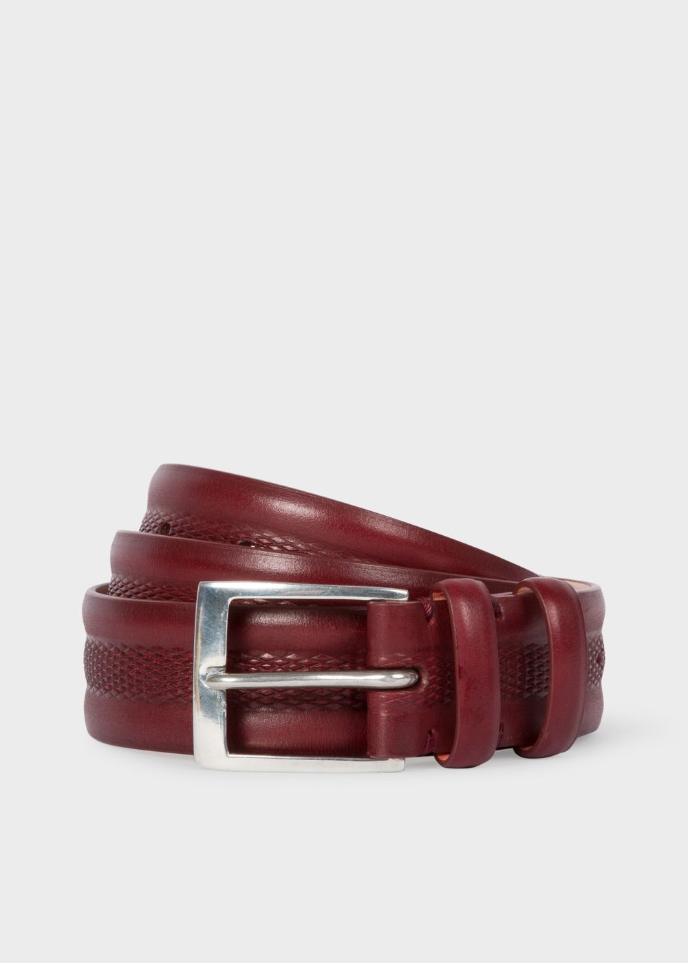 Paul Smith Men's Burgundy Embossed Geometric Pattern Leather Belt