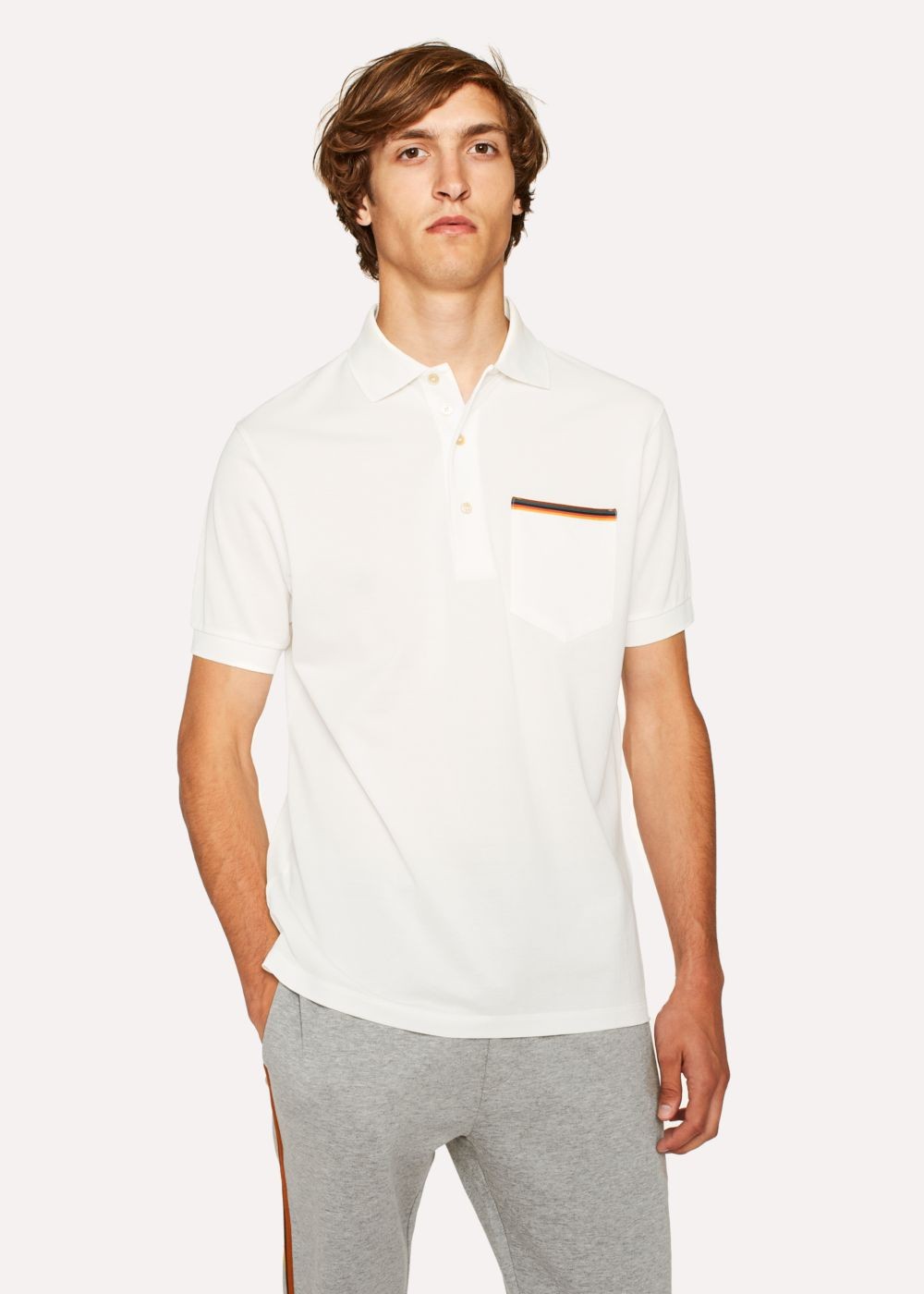 Paul Smith Men's Slim-Fit White Cotton-Piqué Polo T-Shirt With 'artist Stripe' Pocket