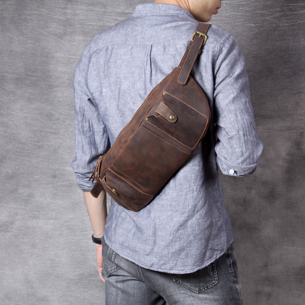 Leather Fanny Pack Crossbody Bag for Men with Adjustable Belt