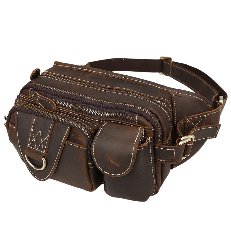 Leather Fanny Pack with 5 Zippered Pockets