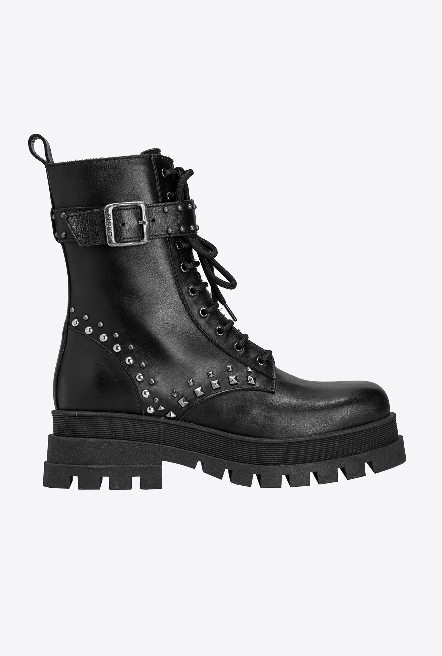Leather combat boots with strap and studs