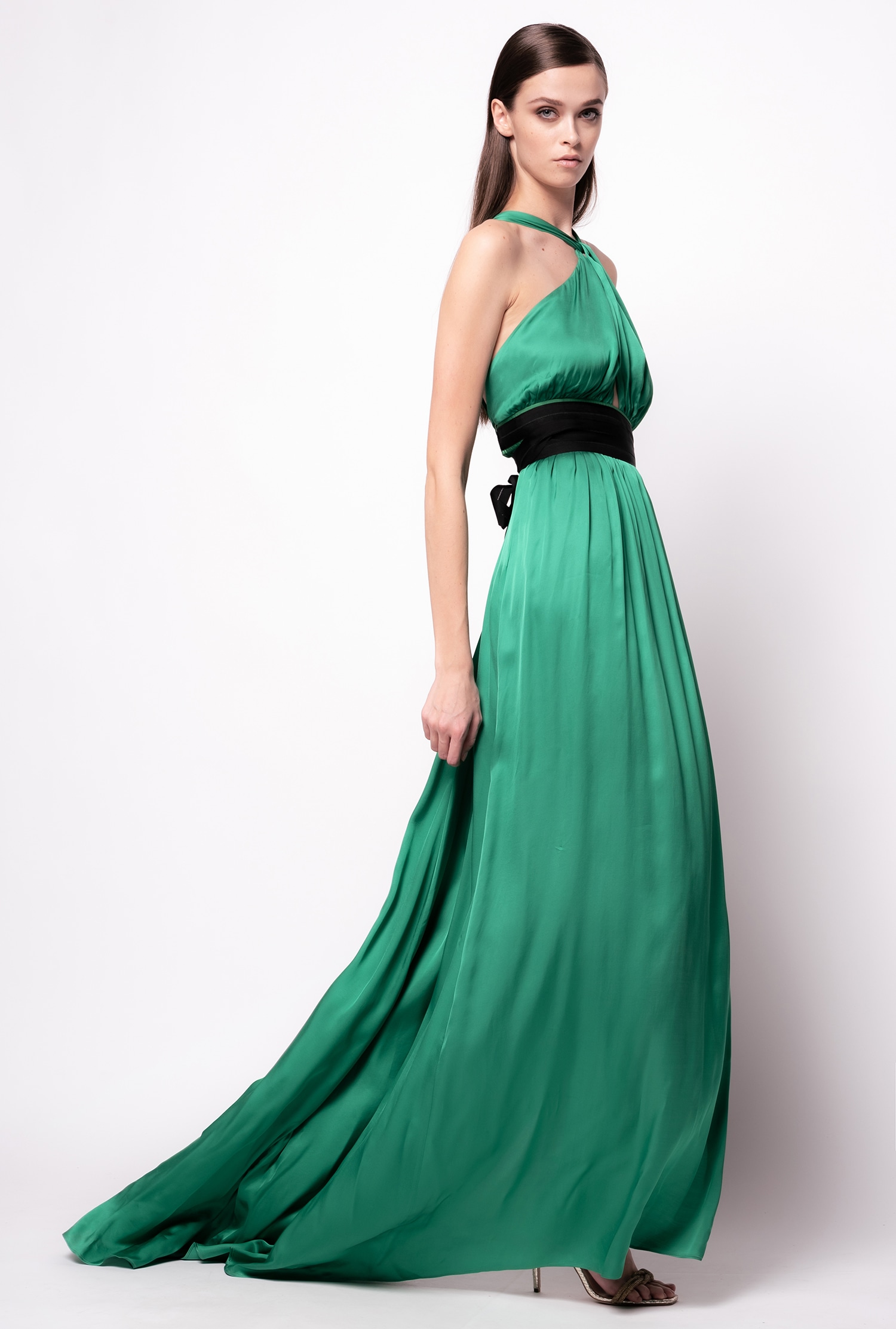 Long, one-shoulder satin dress