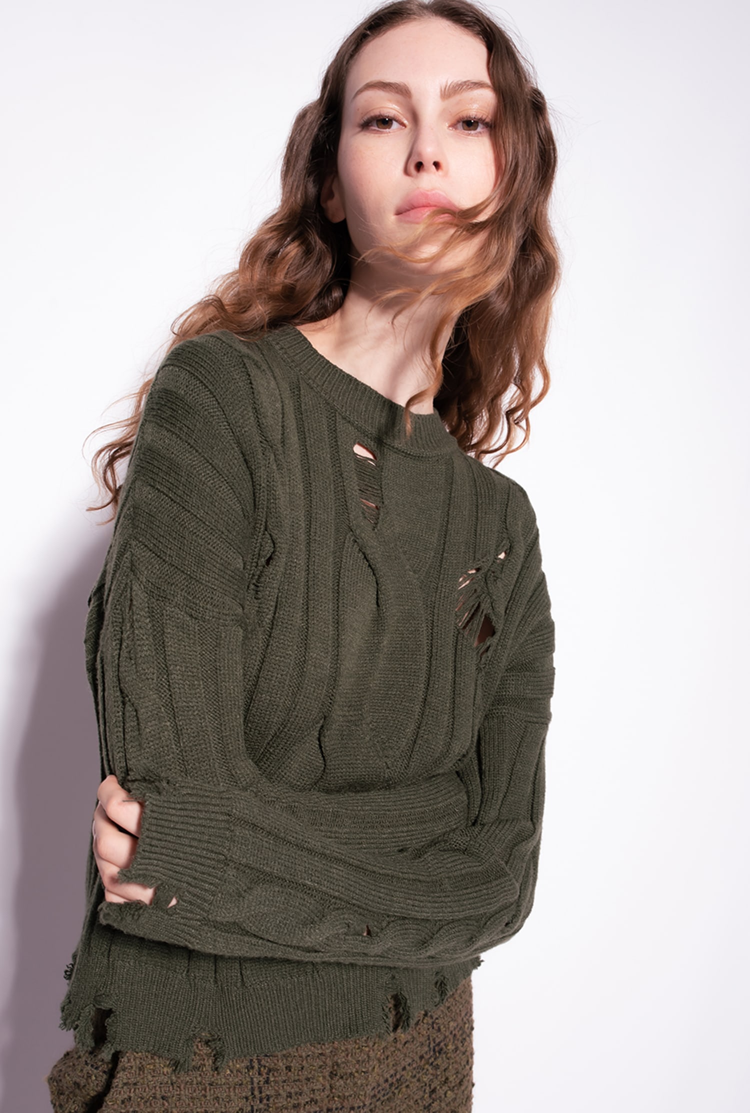 Used-look cable-knit pullover