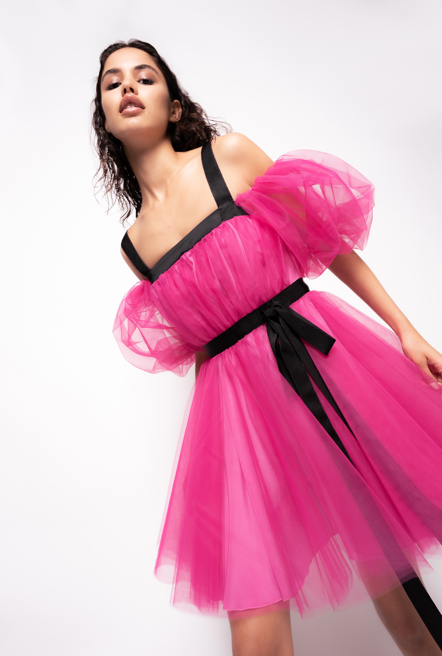 Tulle mini dress with balloon sleeves