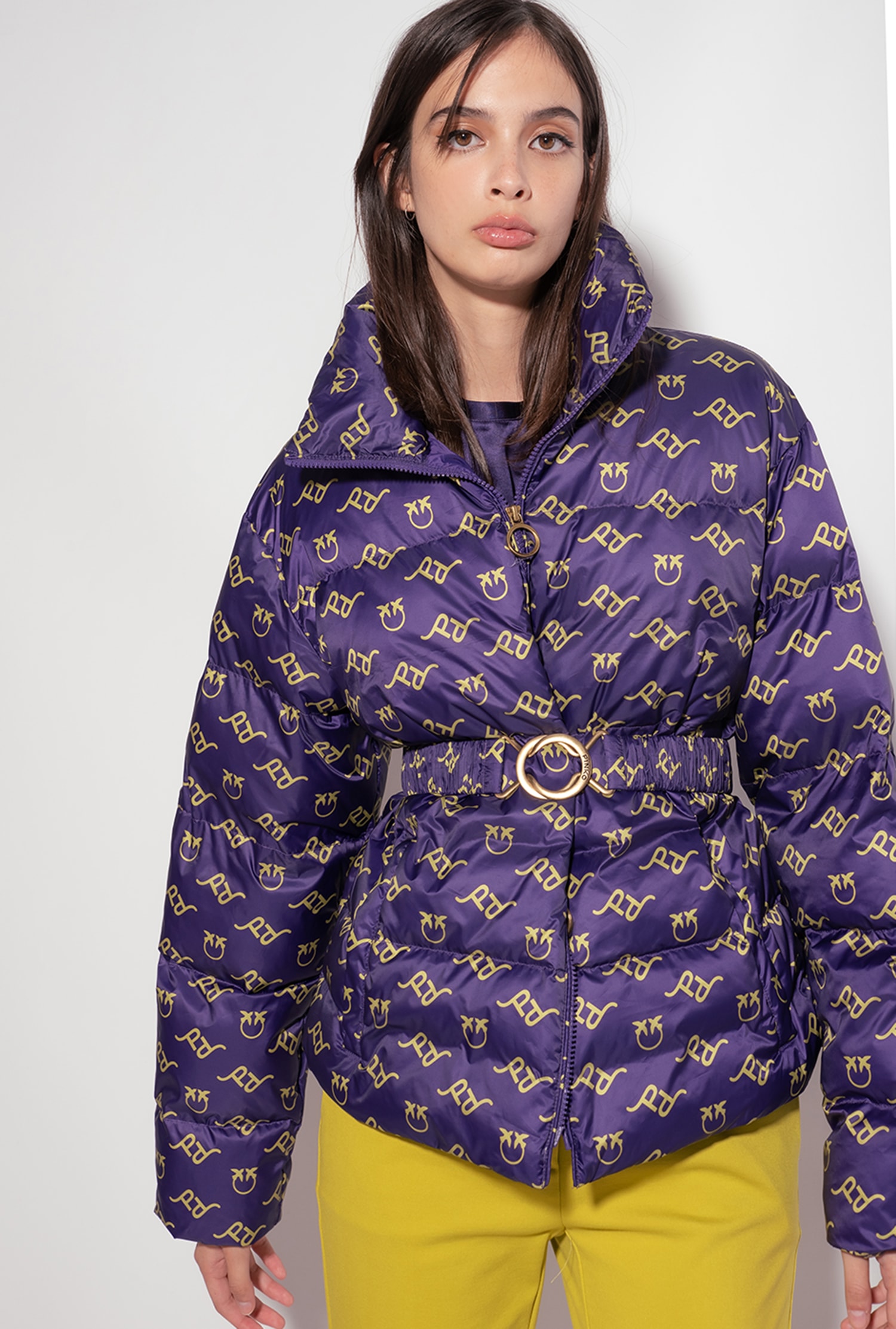 Logo print down jacket with belt