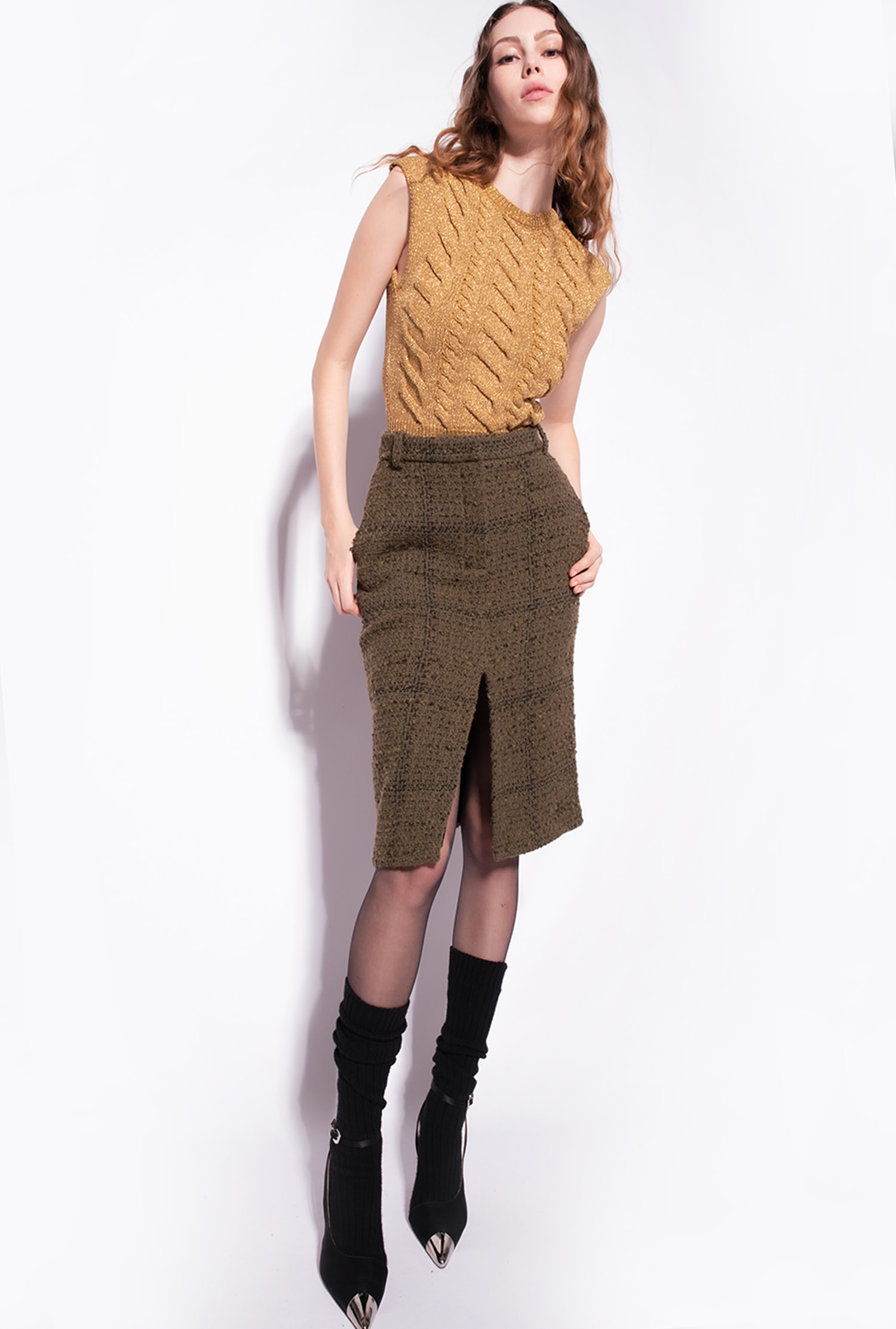 Bouclé midi skirt with check pattern
