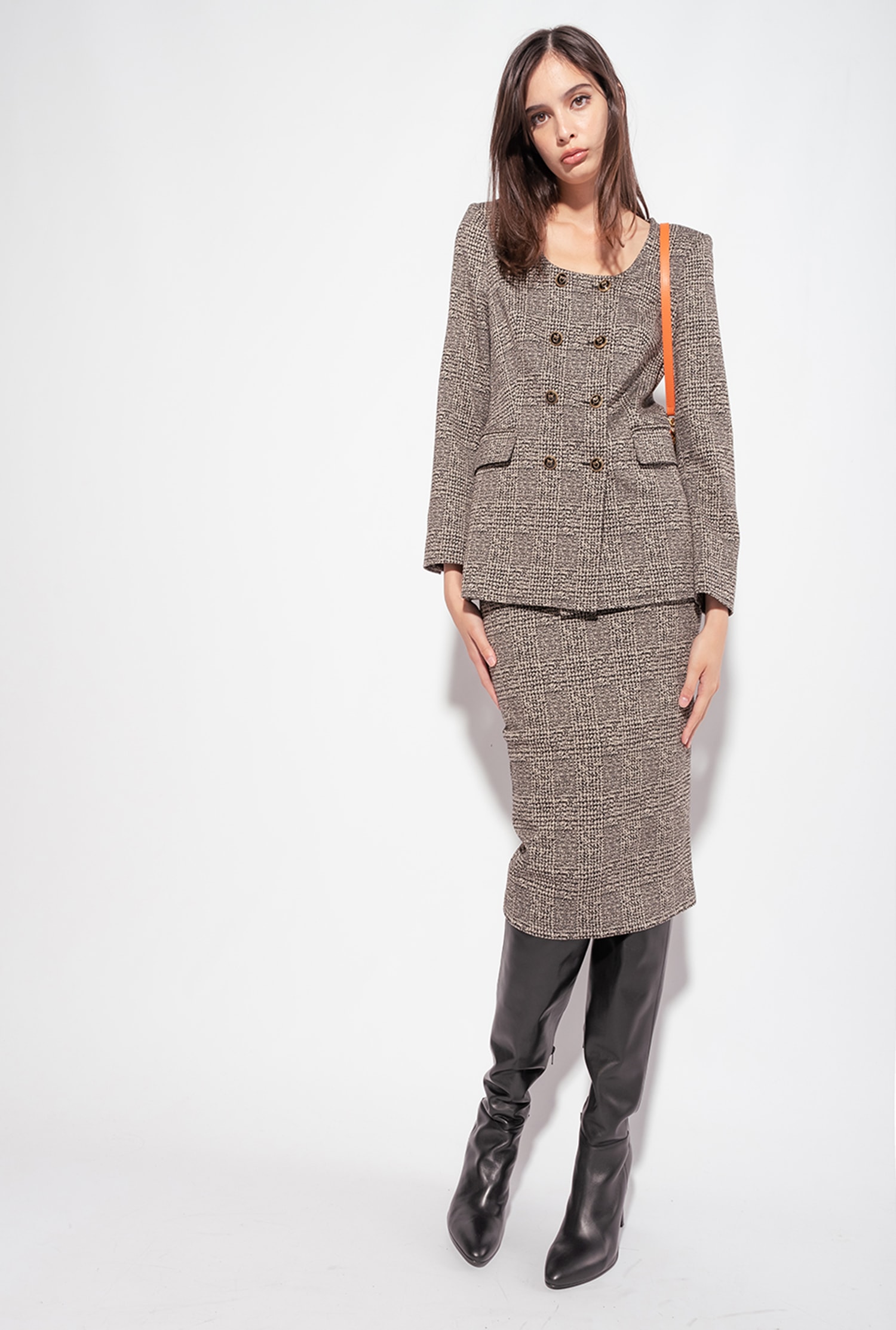 Calf-length check skirt