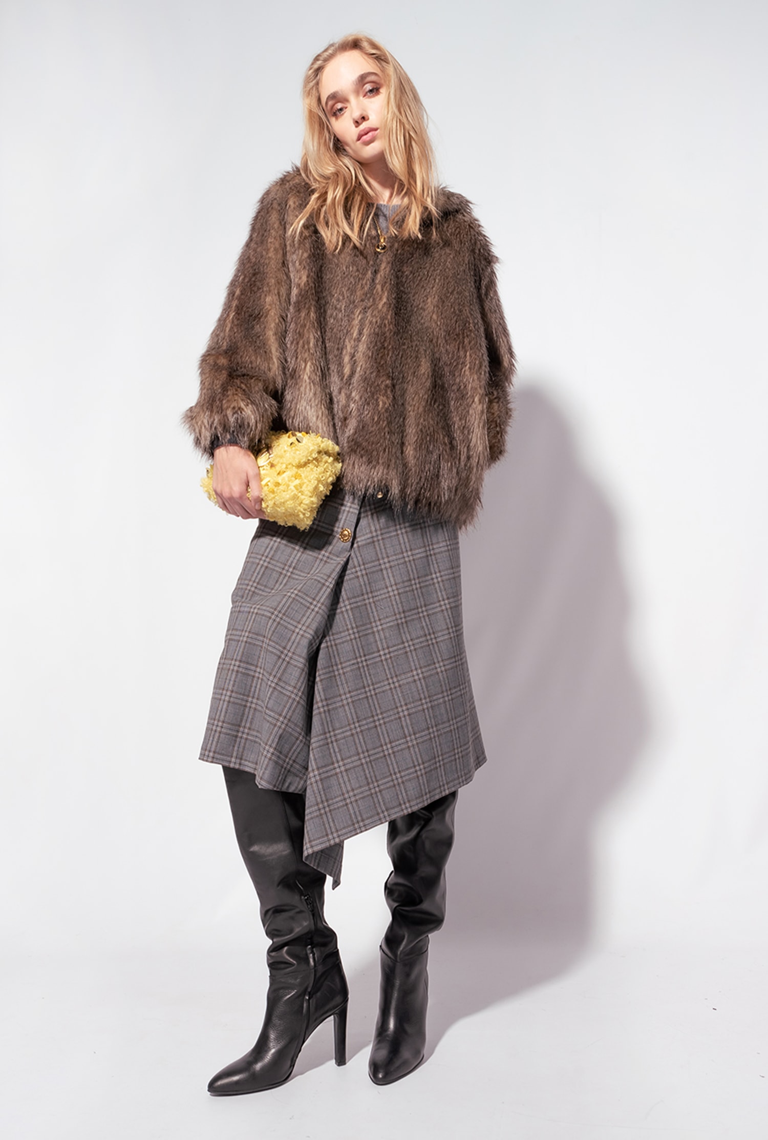 Calf-length check skirt