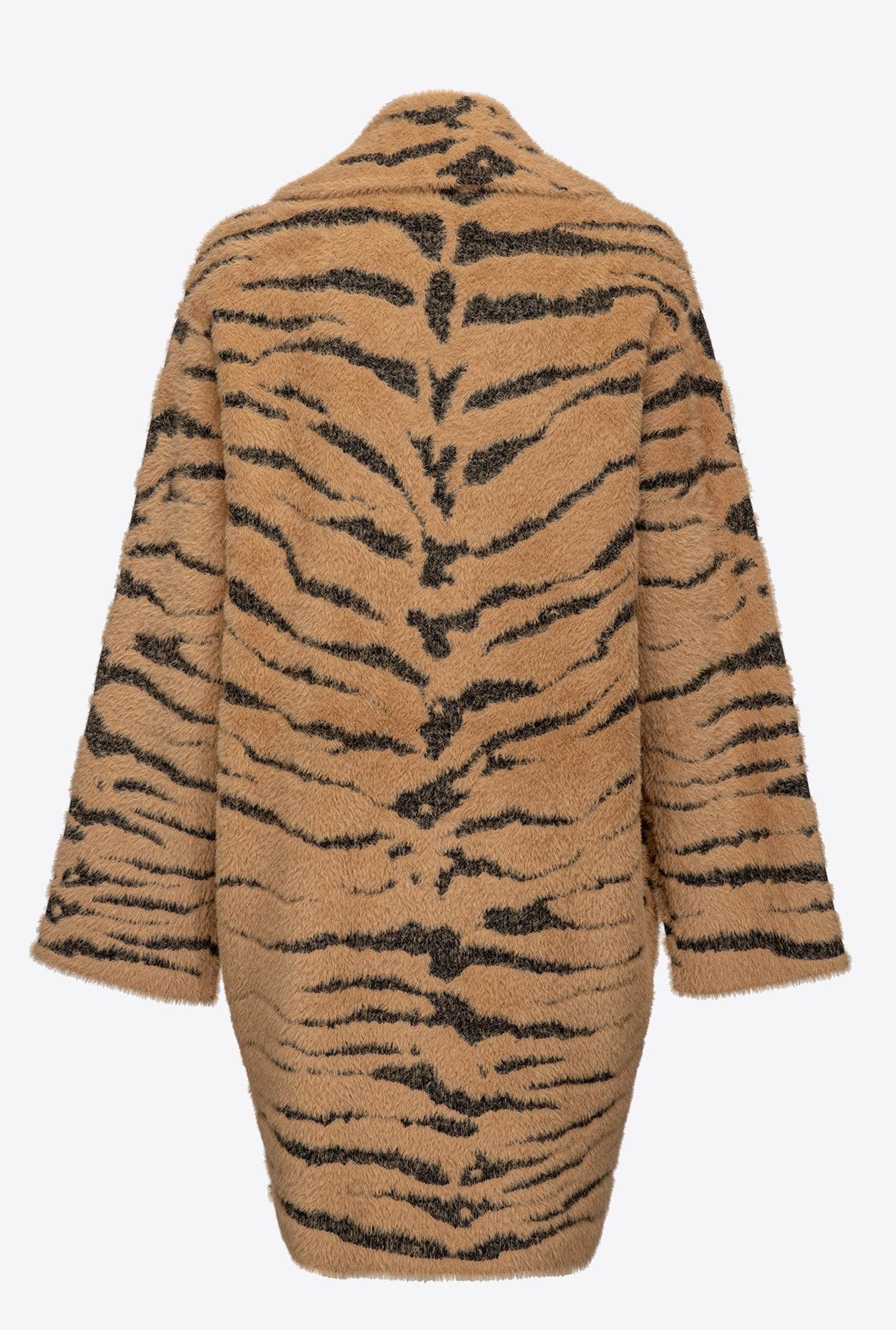 Faux fur cocoon coat with tiger print
