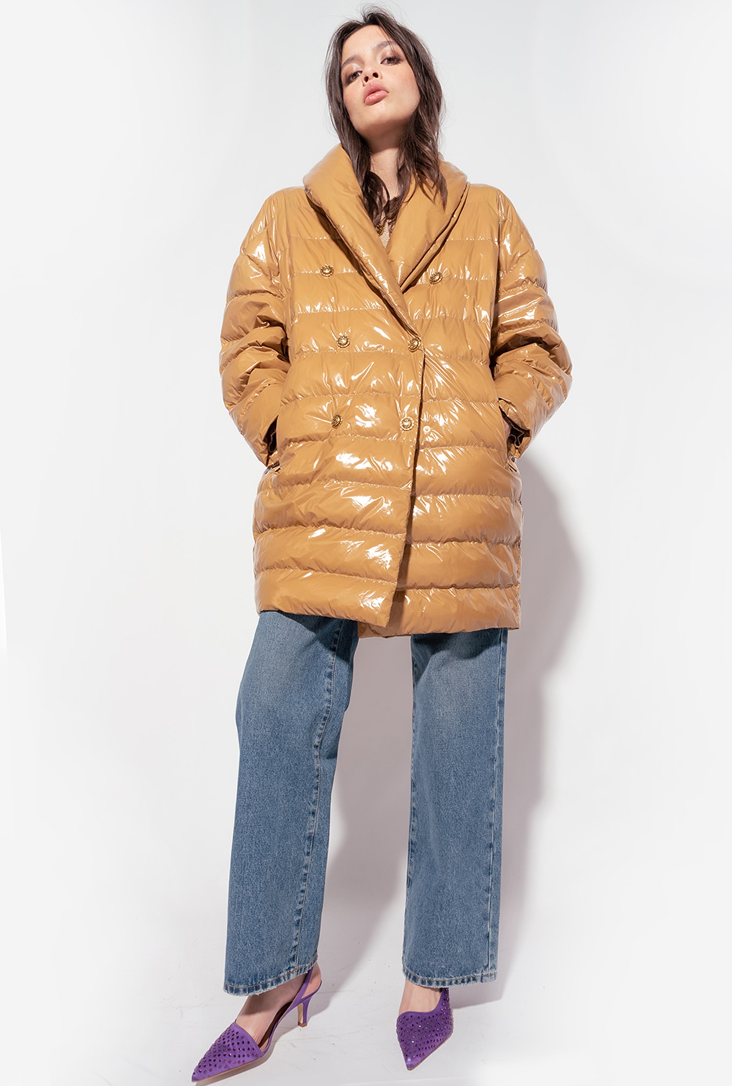 Padded crystal nylon double-breasted jacket