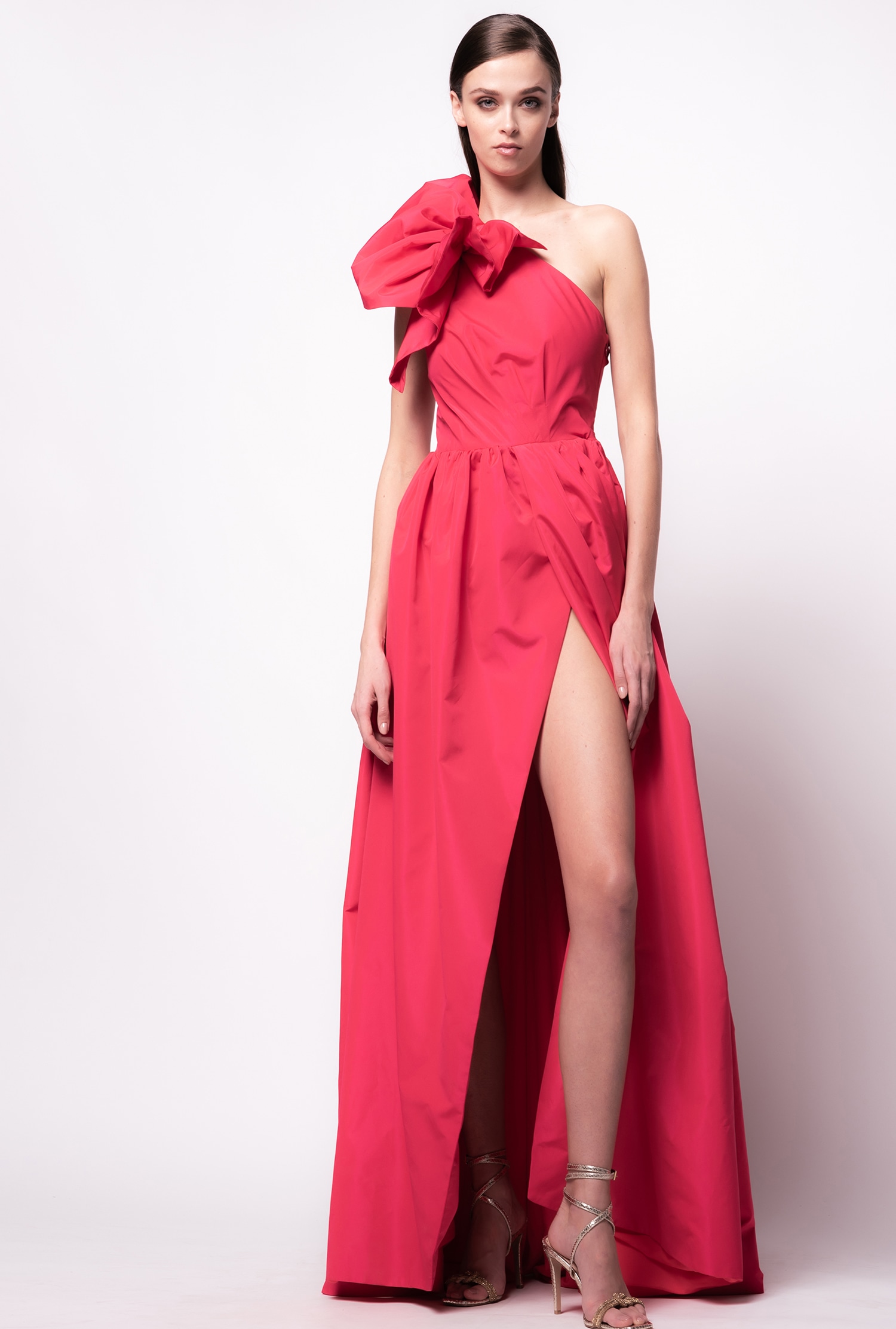 Long one-shoulder taffeta dress